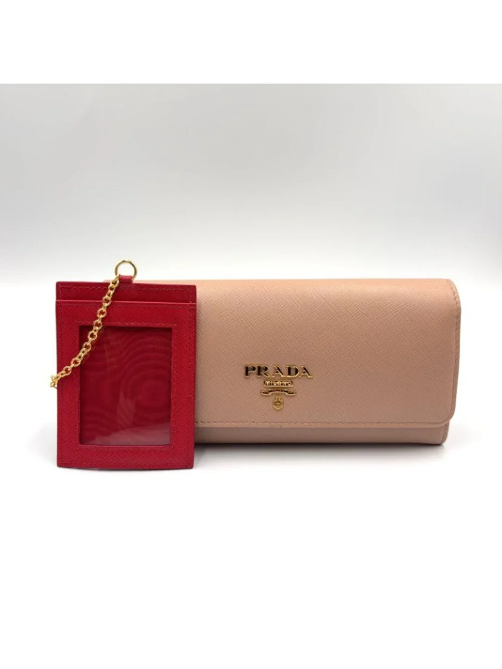 Prada Saffiano Metal Bifold Leather Pink Beige Wallet Gold